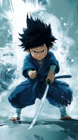 Young swordsman in blue kimono holding drawn katana.