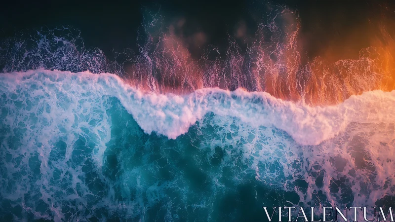 Aerial surf line with teal waves and warm sunset glow.