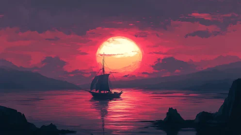 Crimson sunset voyage with lone sailboat on glowing sea.