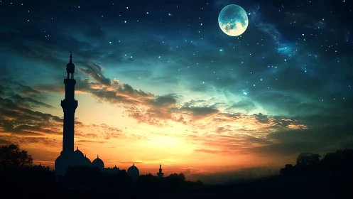 Minaret silhouette under high-contrast twilight and lunar sky gradient