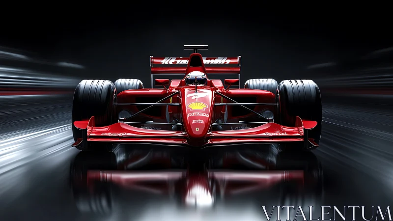 Scarlet rocket F1 car knifes through liquid midnight speed.