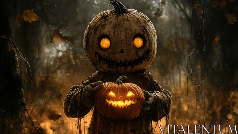 Glowing pumpkin-headed scarecrow holding jack o lantern in foggy forest