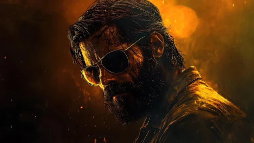 Bearded man in sunglasses under intense golden light.