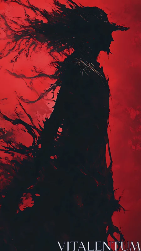 Silhouetted humanoid figure dissolves into abstract dark shapes