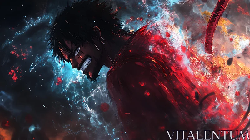 Explosive anime warrior rendered with dynamic red-blue energy contrast