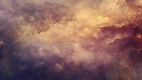 Abstract cloudscape painting with warm golden and purple hues.