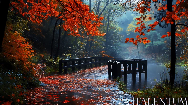 Curved wooden bridge in misty forest with vivid red leaves.