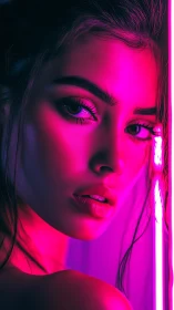 Neon-lit portrait with intense magenta cinematic glow.