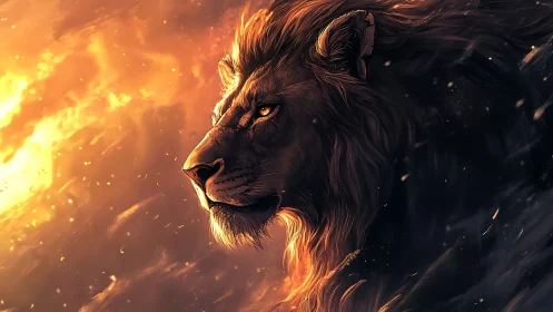 Backlit lion portrait rendered with high contrast rim lighting effects