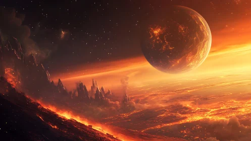 Molten alien horizon under burning volcanic planet.
