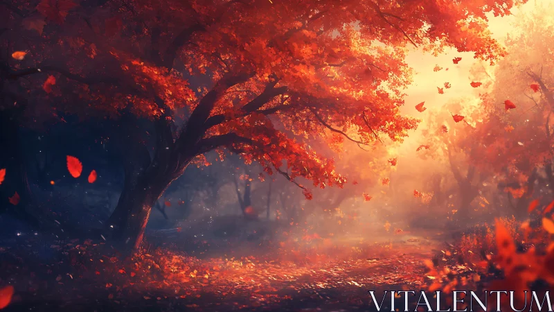 Digital autumn forest scene depicts backlit trees and foliage