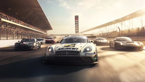 GT race cars sprint down sunlit straight at full speed.