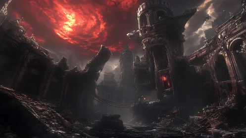 Ruinous citadel beneath vortexing crimson stormfront sky.