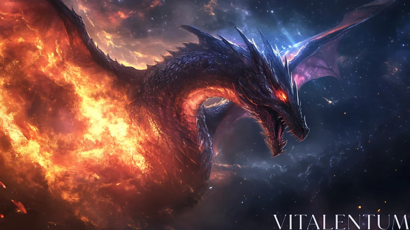 Cosmic fire dragon in high-impact fantasy digital painting.