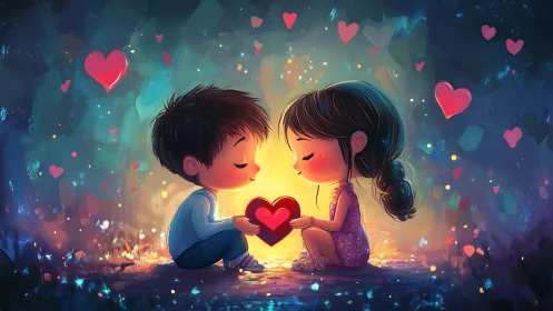 Children Sharing Glowing Heart - Luminescent Digital Fantasy Illustration