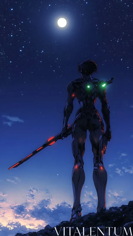 Cyborg warrior studies moonlit sky over twilight ridge