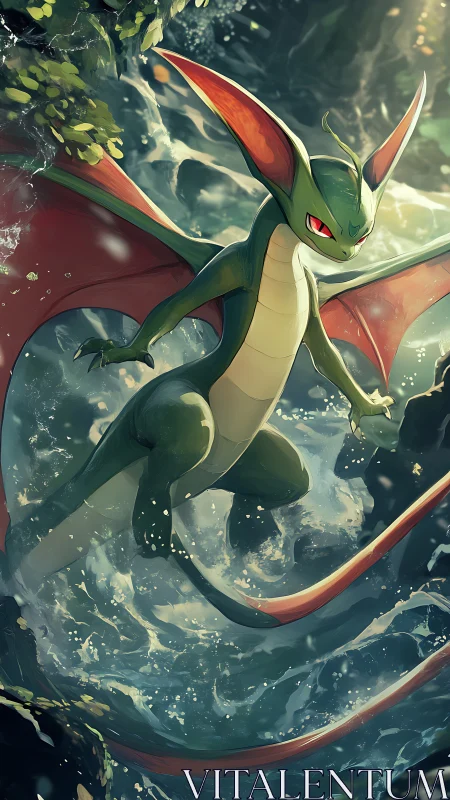 Winged green dragon diving through turbulent forest river