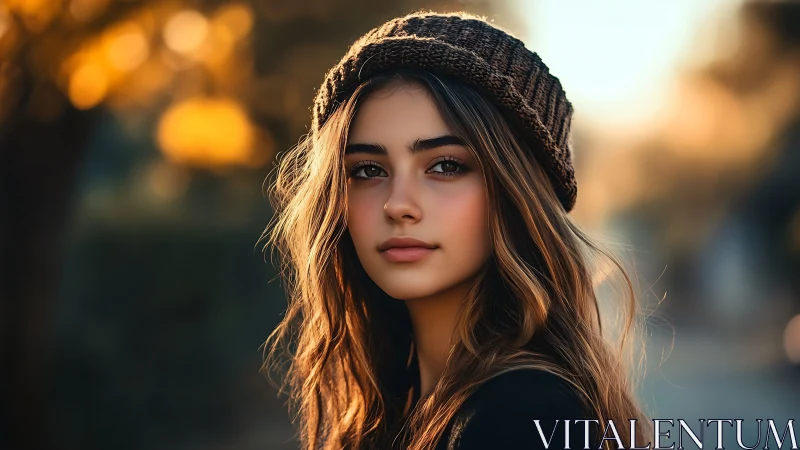 Portrait of young woman in knit hat at golden hour