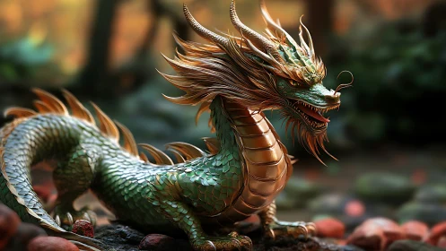 Emerald-scaled forest dragon rendered in cinematic 3D lighting.