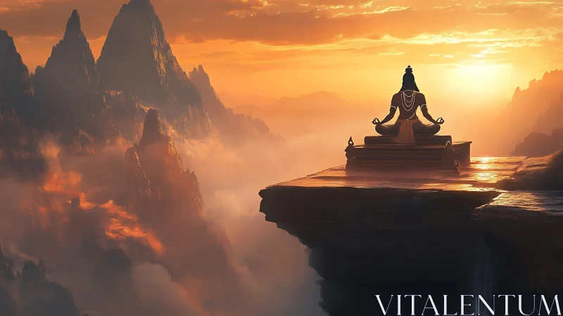 Sunlit mountain sage meditating above ember kissed clouds.