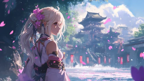Anime shrine maiden under drifting cherry blossoms at riverbank.
