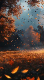 Autumn Tempest: Vortex of Falling Leaves Over Rural Homestead
