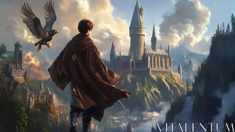 Young wizard overlooking grand cliffside fantasy castle.