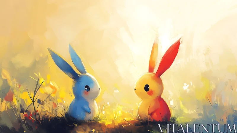 Sunny meadow meeting between two colorful bunny friends.