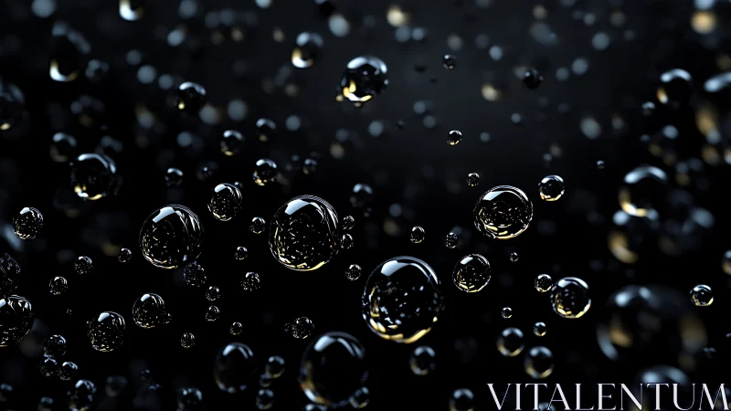 Suspended reflective liquid spheres on dark blurred background.