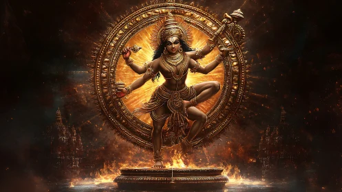 Divine cosmic dancer in radiant bronze mandala ring composition.