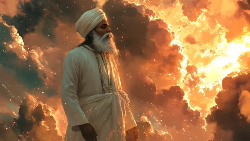 Elder in white robes walks through volumetric glowing cloud field