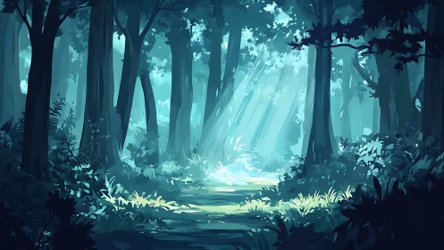 Sunlit Forest Path with Atmospheric Light Rays