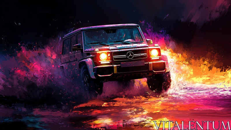 Neon storm SUV cuts through electric twilight splashscape.