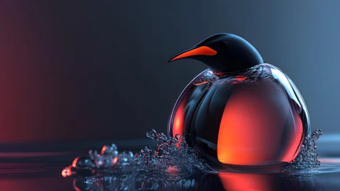 Futuristic Glass Penguin Sculpture with Vivid Lighting Effects.