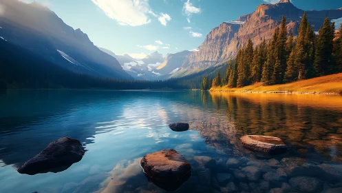 Digital painting of alpine lake, conifer belt, and sunset cliffs.