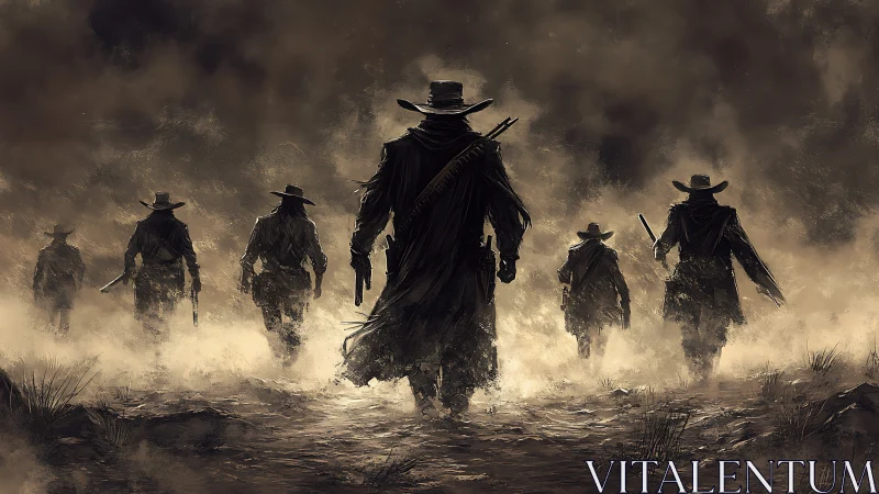 Dust‑shrouded gunslingers advancing through wasteland haze.