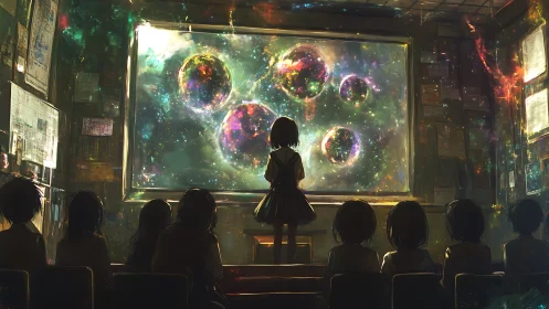 Schoolgirl audience observing cosmic spheres on screen.