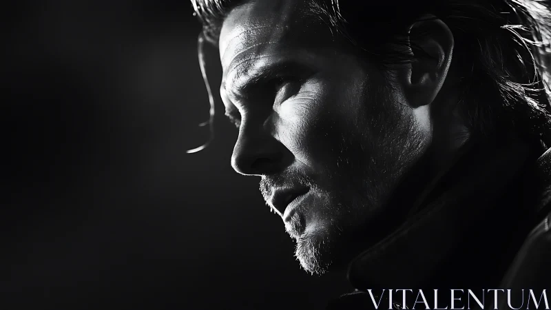 Monochrome male profile in dramatic side lighting portrait.