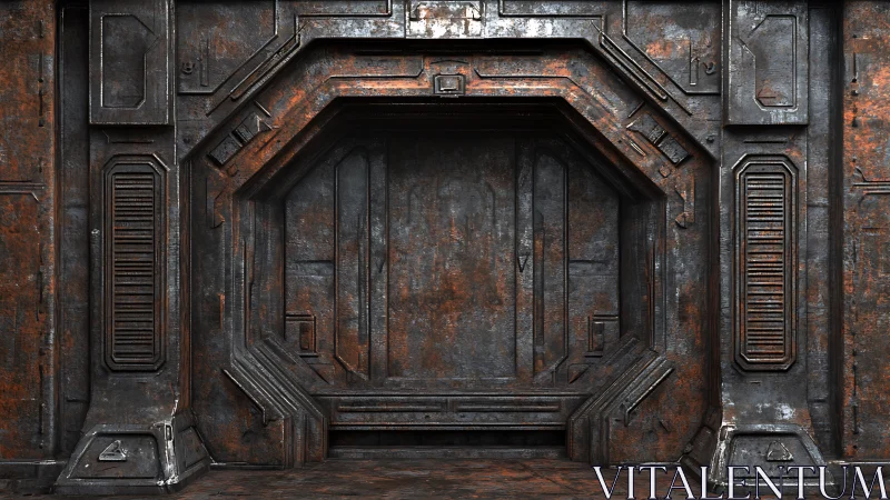 Rusted industrial sci fi bulkhead door with metal wall.