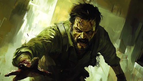 Injured man lunges forward in tense, chaotic interior scene.