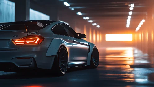 Silver sports coupe glows under cinematic tunnel sunset.