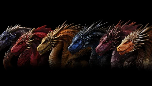Row of detailed 3D dragon heads rendered against black