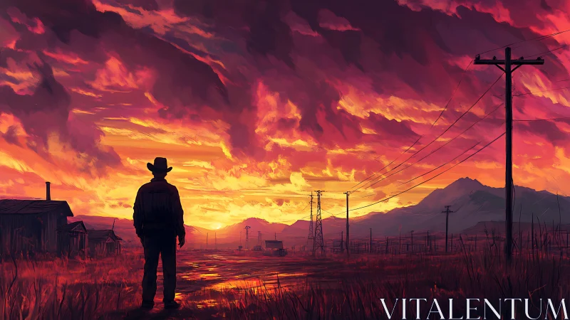 Lone cowboy silhouette studies fiery, high-contrast rural sunset sky