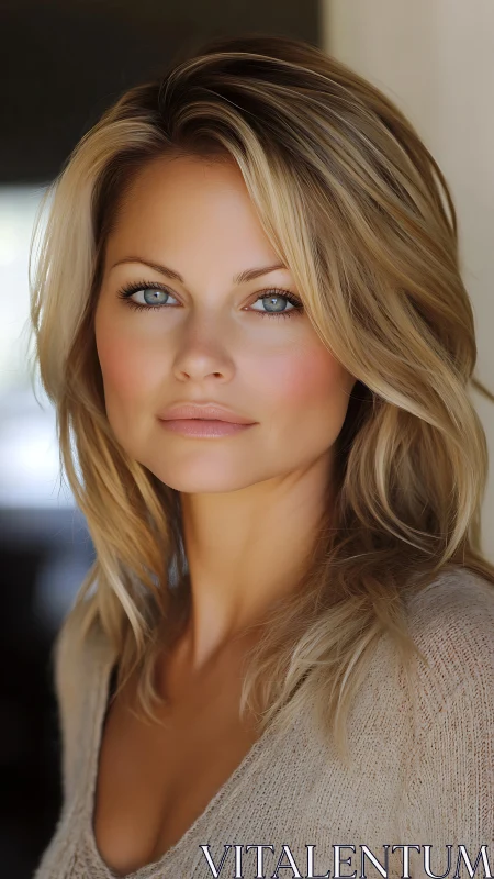 Cool-toned gaze and sunlit blonde calm in close portrait.