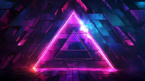 Neon triangular portal glows in a futuristic cyber chamber