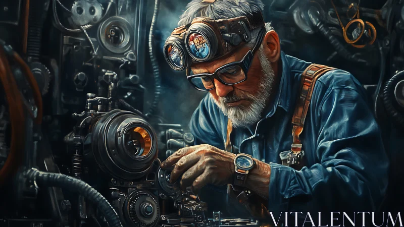 Steampunk engineer calibrates intricate brass optics in workshop.