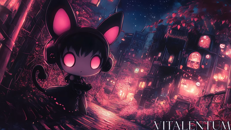 Cat-eared chibi figure in neon-lit night village street scene.