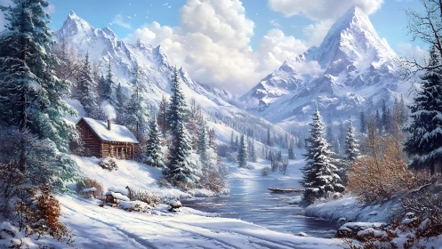 Snowy mountain cabin rests beside a tranquil winter river.