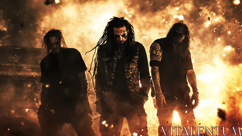 Industrial metal trio in backlit explosion cloud with ember field