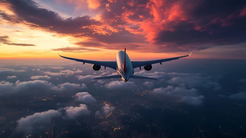 Passenger jet cruises above glowing city under fiery sunset